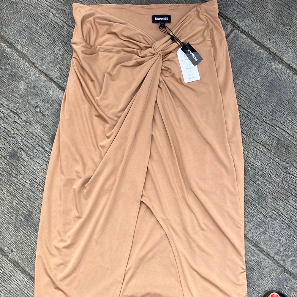 NWT Express Tan Midi Wrap Skirt with Tie Front